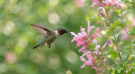 Fototapeta premium A ruby throated hummingbird hovering in mid air while feeding on nectar from beautiful pink flowers in nature
