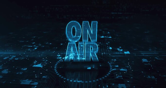 On air studio broadcast hologram symbol appears on a digital background. Network, cyber technology and computer abstract concept 3d animation.