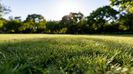 Obraz premium Low wide-angle view across a neatly trimmed green lawn in a park with trees and sunlight in the background