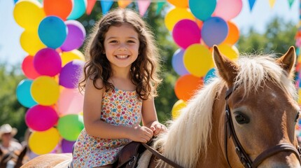 Naklejka na ściany i meble Happy little girl rides pony at outdoor fair. Smiling kid enjoys fun pony ride with colorful balloons, festive flags in background. Child feels excitement during summer carnival birthday party at