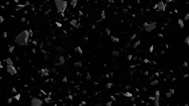Abstract 3D Shattered Rock Debris and Flying Fragments Exploding on Black Background