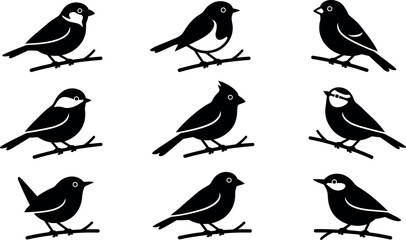 Fototapeta premium Backyard songbirds and garden birds silhouette icons set perching on tree branch branches vector graphic illustration