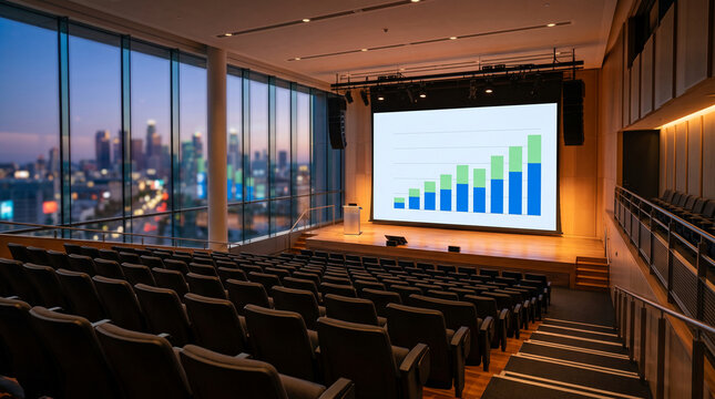 Modern conference hall with tiered seating and a large screen displaying a financial graph, symbolizing business growth and strategy.