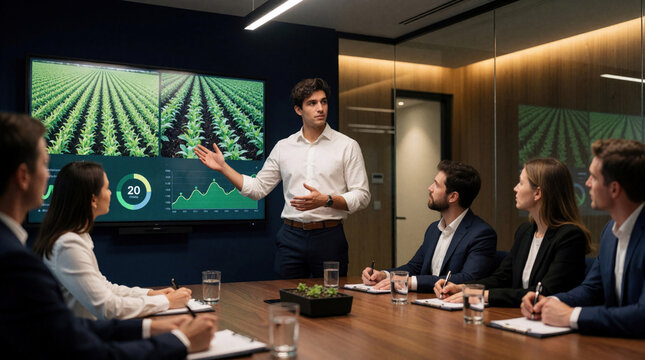 Young male founder presents sustainable agritech startup ideas to business investors in modern office. Man shows crop data, soil info on large screen. Pro team discusses green farming tech,