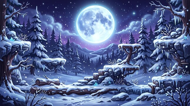 Magical winter forest at night with glowing moon and snow covered trees for fantasy.