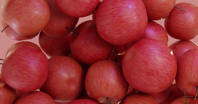 3D render ripe pink‑red apples fill the entire screen. A bright pile of fresh organic fruits cascading down. An ideal background texture for concepts related to healthy eating, autumn harvest, and agr