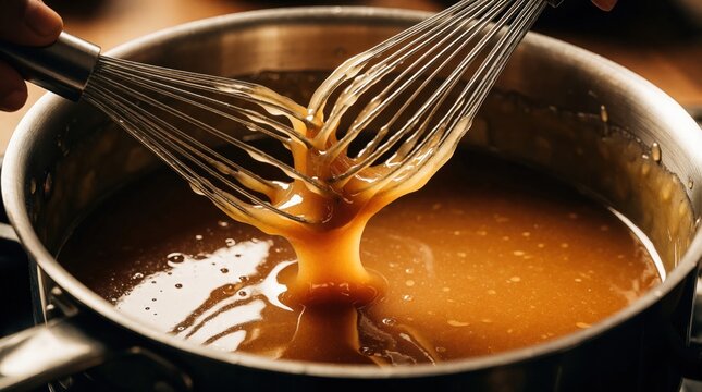Chef whisks thick caramel sauce in stainless steel pot on stove. Close up of person stirring warm liquid with metal whisk for dessert recipe. Homemade syrup gravy preparation in pro kitchen during