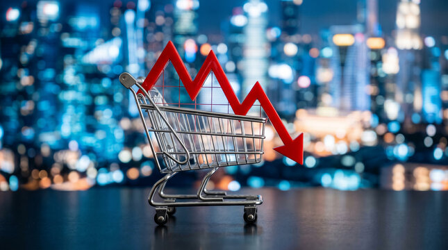 Small shopping cart with red downward trend graph, symbolizing economic recession, illustrating business decline against a city bokeh background