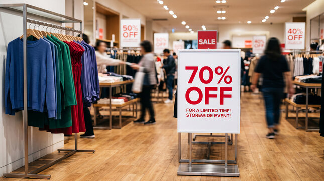 Retail store sale display featuring 70% off signage, showcasing garments on racks, symbolizing discounts and shopping events