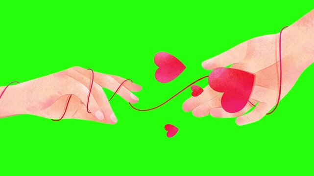 Hands Tied With Red Thread Of Fate Holding Hearts Romantic Green Screen Chroma Key Stock Animation