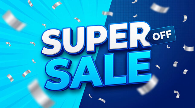 Bold "SUPER SALE" text with "OFF" tag and falling confetti, symbolizing a grand promotion and celebratory discount event.