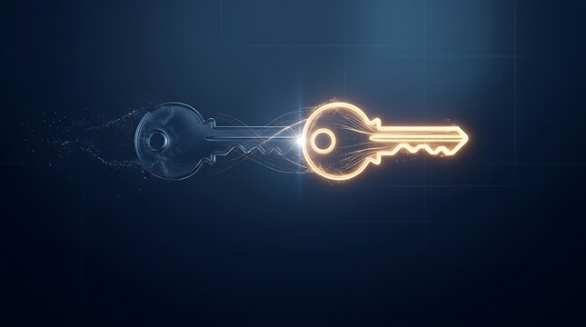 Glowing digital security key unlocking access and cyber technology protection concept