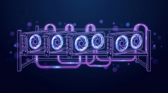 Digital currency mining rig with multiple graphic processing units and cooling fans on a dark background