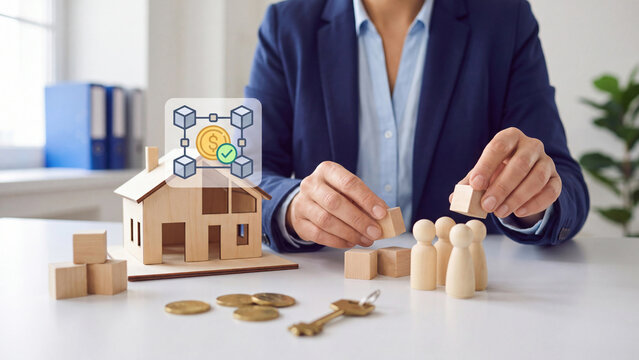 Fractional property investment and tokenized home ownership concept, businesswoman with wooden house model, coins, cubes and investor figures for shared ownership and digital asset