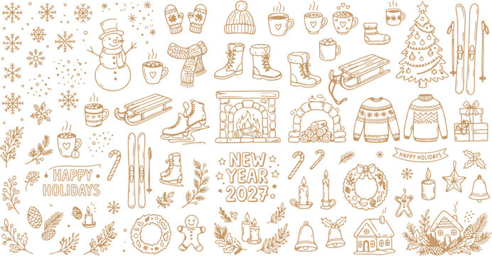 Christmas new year doodles element set featuring cozy snowflakes snowman trees fireplace numbers vector line art illustration