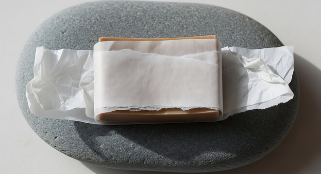 Minimalist soap packaging mockup on stone surface, blank spaces for text mockup, blank spaces for text