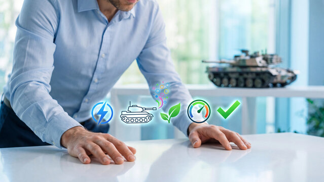 Green military and electric tank concept, man at table with army tank model and electric power, emission, eco leaf and gauge symbols for sustainable defense and carbon reduction
