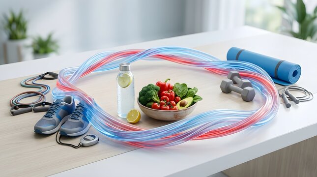 Health-conscious professional preparing balanced meal and workout gear on clean workspace