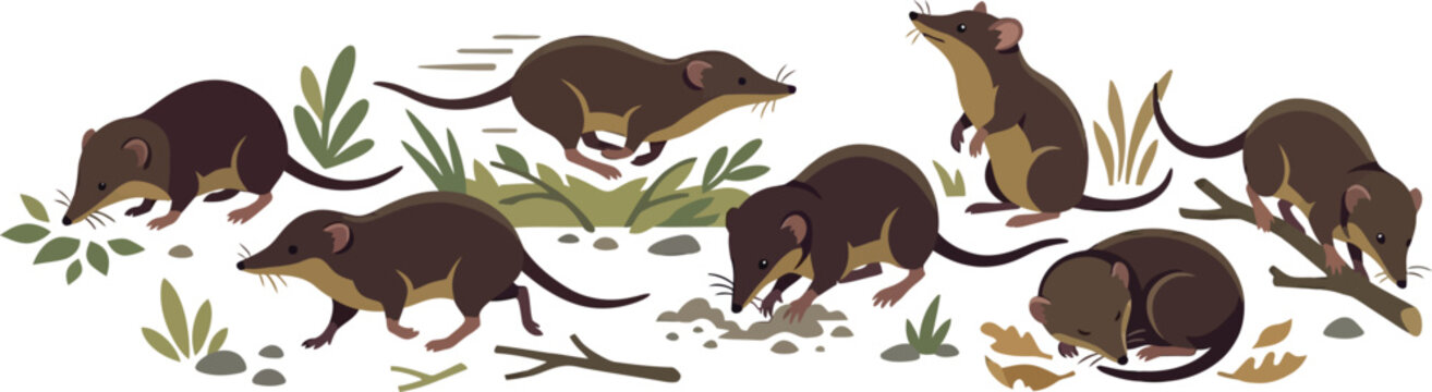 Shrews foraging in grassy terrain during daytime in a simple vector illustration