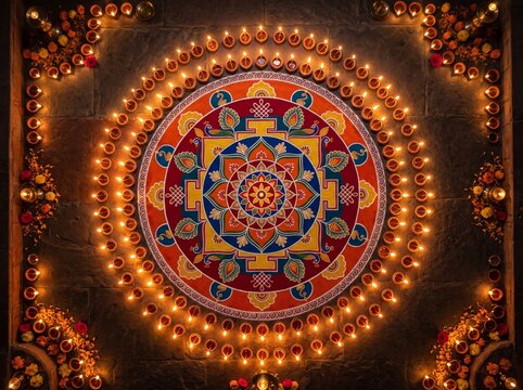 Diwali festival background with glowing oil lamps diyas around intricate geometric mandala pattern for Deepavali celebration