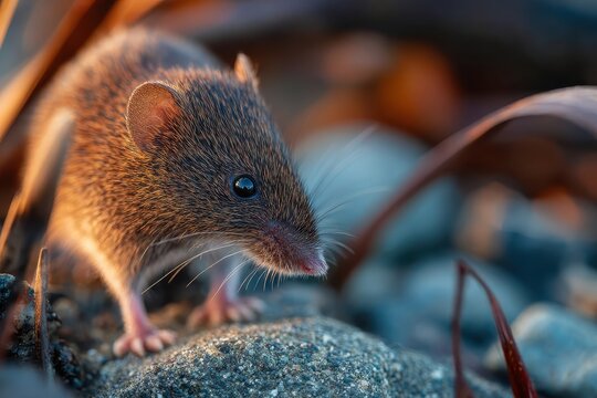 A wild mouse with soft brown fur and big ears, carefully perched on a stone. The small rodent explores its environment, seeking food, shelter, and security