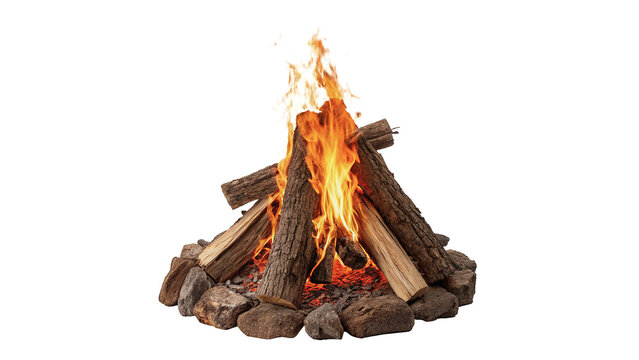 Cozy outdoor burning campfire bonfire with wooden logs and flames isolated on transparent background