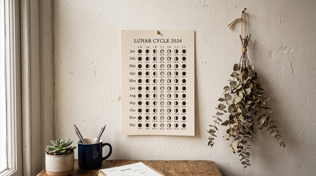 Lunar phase calendar on wall with dried eucalyptus bundle and succulent, moon manifestation rituals