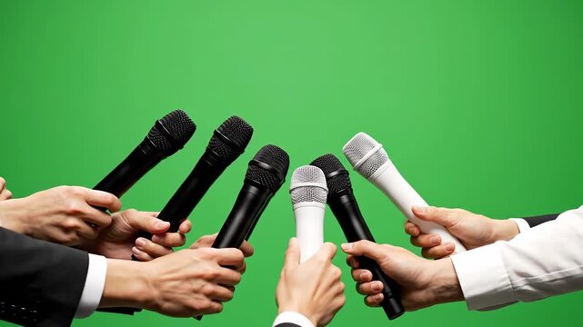 Reporters holding microphones for interview on green screen background dynamic motion