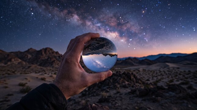 Hand holding glass lens ball reflecting inverted Milky Way and desert mountains at dusk, starry night sky over rocky desert landscape, astronomy and perspective concept