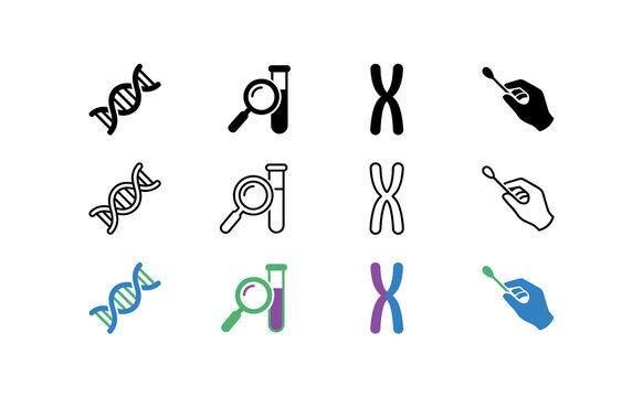 DNA and Genetics icon set. Includes DNA strand, test tube, chromosome, and swab. Solid vector icons for medical research, laboratory testing, and biology.