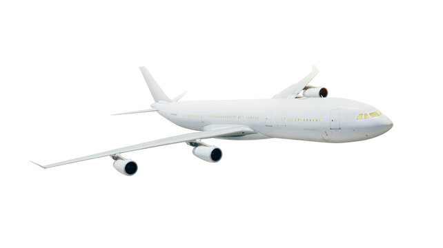 White commercial passenger airplane flying against white background
