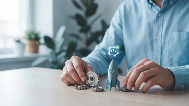 Software product launch and code deployment concept, man assembling metal gears with rocket model and code chip hologram for app release, programming, automation and tech startup