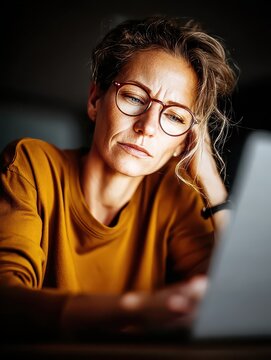 A woman, wearing glasses, appears tired and frustrated while looking at a computer screen, possibly experiencing strain or facing a challenging task