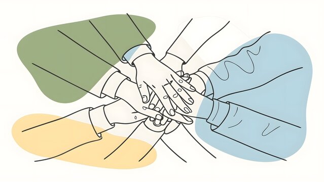 Teamwork and corporate collaboration. Business partnership and professional unity. Diverse business team stacking their hands together in an office
