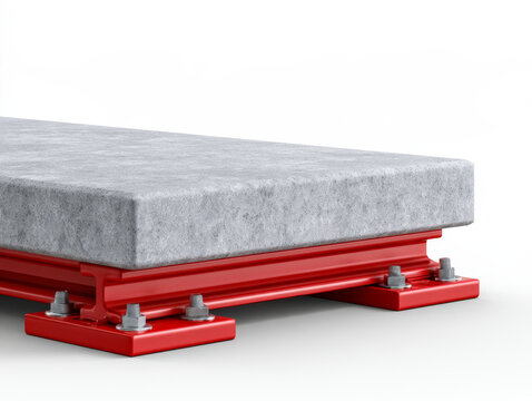 Concrete slab seismic isolator structural bearing infrastructure weak point with red steel support and bolted base, showing vibration control engineering for building safety and earthquake,3d render