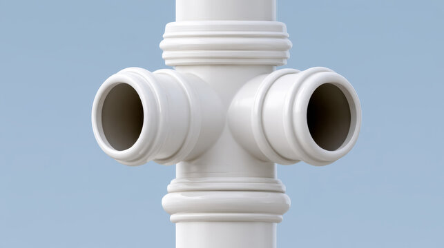 White plastic pipe junction with multiple threaded openings, isolated against blue background, illustrating infrastructure weak point and connection failure risk in plumbing systems,3d rendering