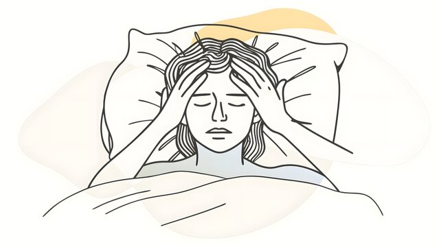 Chronic headache and migraine suffering. Sleep disorder and stress related pain. Woman lying in bed experiencing severe head pain