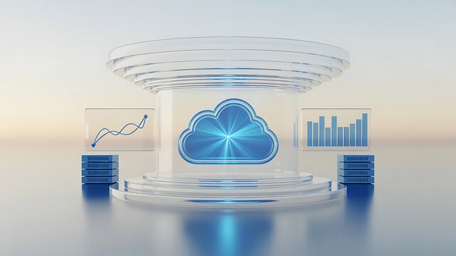 Cloud Computing and Digital Data Management Concept with Glowing Cloud Icon, Server Storage, Analytics Charts and Futuristic Technology Interface