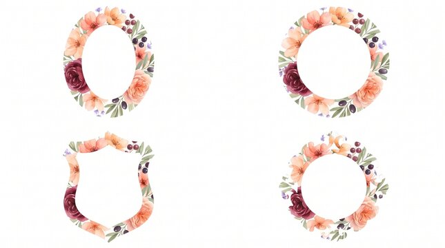 Watercolor floral frames set with peach burgundy flowers, botanical wreath borders clip art for wedding invitations, elegant hand painted floral crest frame templates
