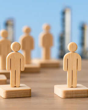 Wooden figure, gender diversity, social inclusion, and workplace equality concept with foreground people on separate platforms and blurred background