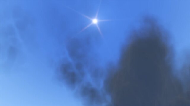 Sunburst Through Smoke Clouds Against Blue Sky