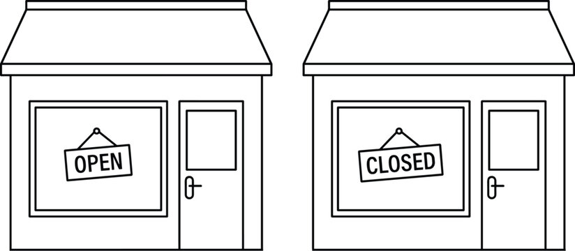 Open and Closed Storefront Illustration Set with Retail Shop Buildings, Display Windows, Doors, Awning, and Hanging Business Signs