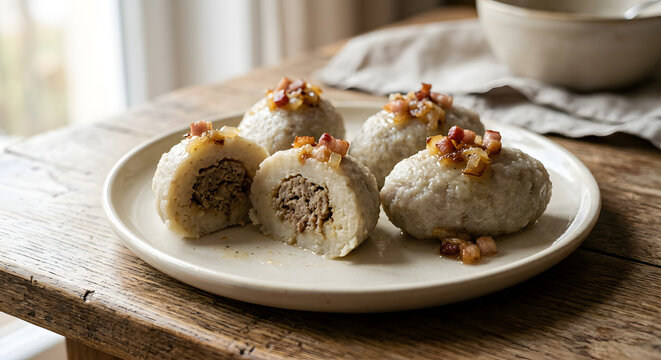 Polish pyzy, soft oval potato dumplings with a slightly grey natural surface