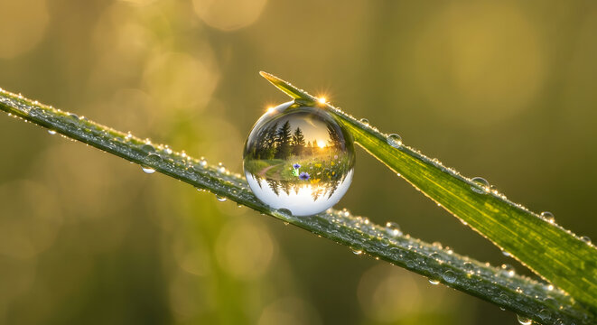 Dew drop on a blade of grass reflecting a forest landscape at sunrise