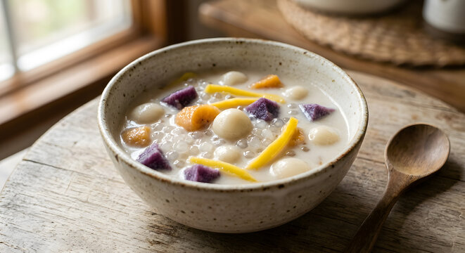 Filipino ginataang bilo-bilo served in a simple ceramic bowl, creamy coconut milk