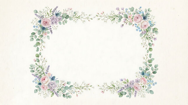 Watercolor floral rectangular frame featuring pink roses, blue hydrangea, and green eucalyptus leaves, arranged in a decorative border shape on a plain white background, for wedding invitations