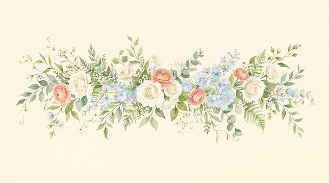 Watercolor floral header featuring white roses, peach ranunculus, blue hydrangea, and green fern leaves, arranged in a wide horizontal garland shape on a soft cream background, for wedding stationery