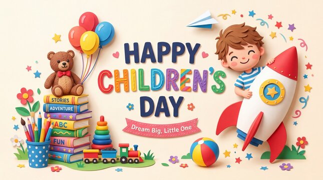 Happy childrens day celebratory background with colorful text and various playful toys like a teddy bear books and a toy rocket