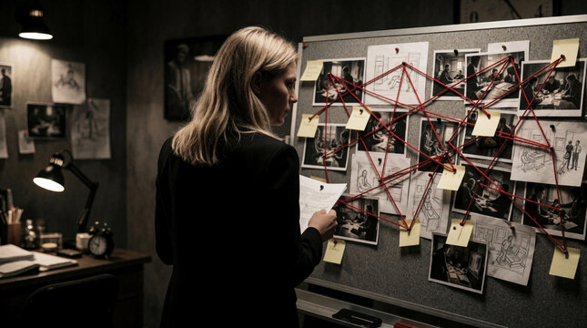 Blonde female detective analyzes evidence board in dark office. Serious woman studies crime scene photos, notes connected by red string. Investigator works on mystery case to find clues, solve