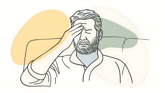 Forehead pain and sinus headache relief. Stress management and physical fatigue. Man sitting on a couch touching his forehead while feeling unwell